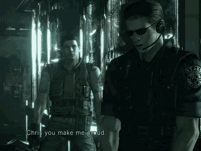 a video game character says chris you make me proud while standing next to another character