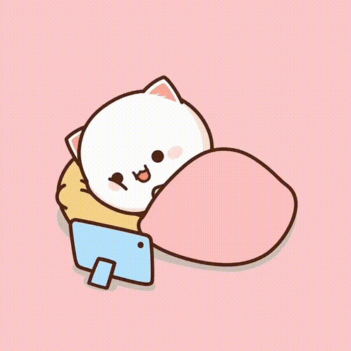 A white cartoon cat hugs a peach-shaped cushion while holding a phone.