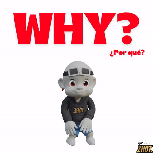 A bold red “WHY?” appears above a small cartoon figure on white.