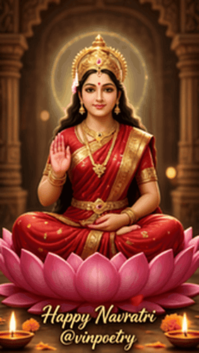 a picture of a woman sitting on a lotus flower with the words happy navratri @vinpoetry