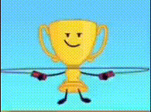 a cartoon trophy with arms and legs is holding a hula hoop