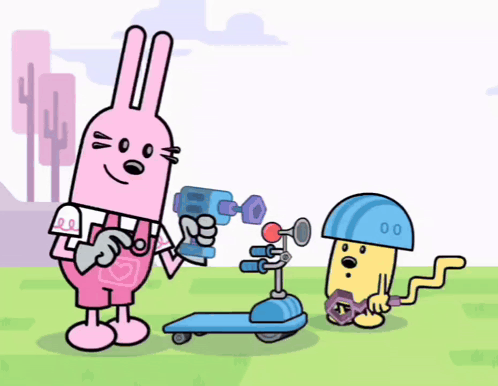 a cartoon of a rabbit holding a toy gun and a scooter