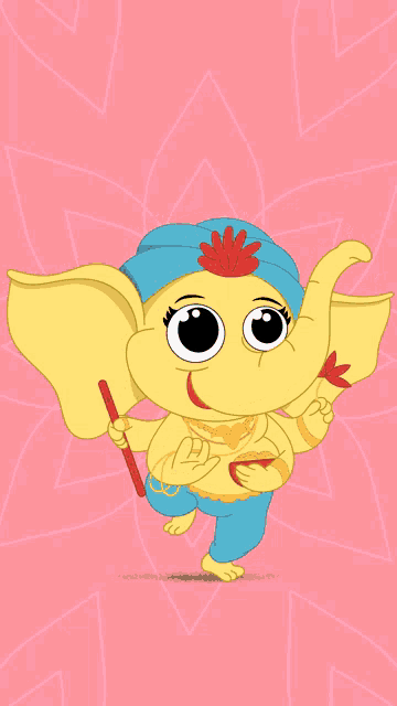 a cartoon of an elephant with a flower on its head and a pink background