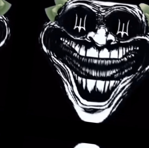 a black and white drawing of a monster with a huge smile