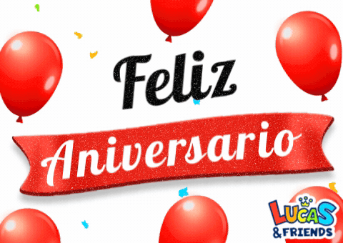 a red banner that says feliz aniversario with red balloons in the background