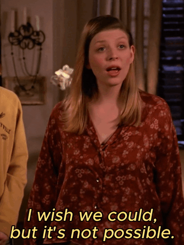 a woman in a red floral shirt says i wish we could but it 's not possible