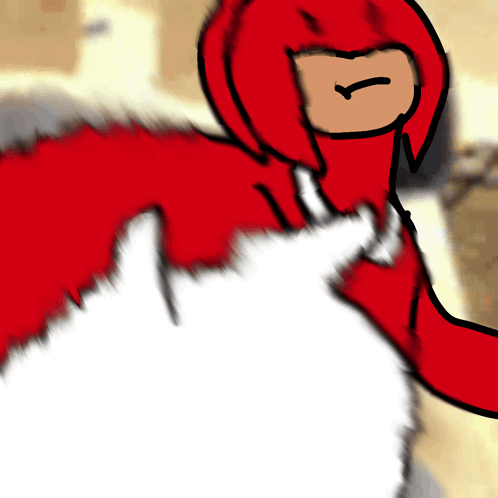a cartoon drawing of a red hooded figure with the letter i on his face