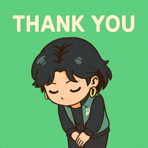 A chibi character bows on a green background beneath “THANK YOU.”