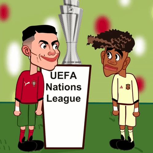 a cartoon of two soccer players standing next to a uefa nations league sign
