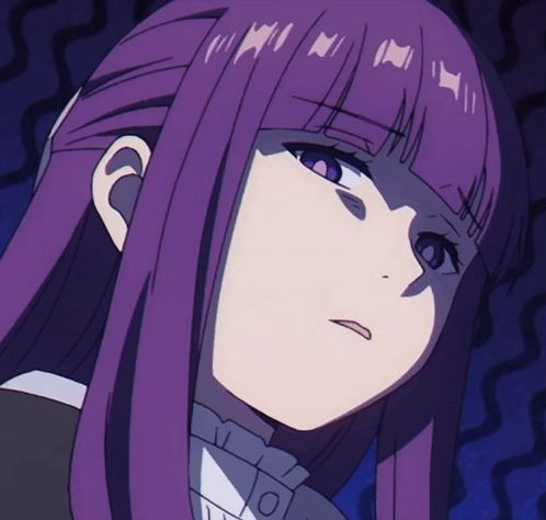 a close up of a girl with purple hair and a white shirt