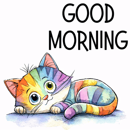 A colorful cartoon cat lies down under large “GOOD MORNING” text.