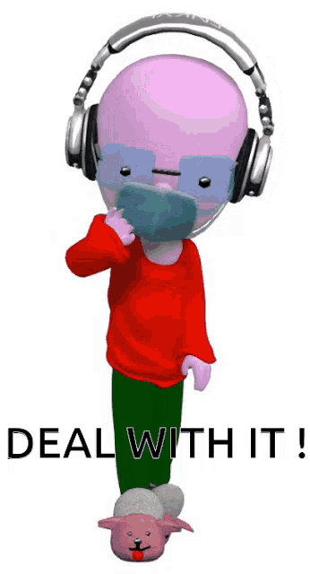 a cartoon character wearing a mask and headphones with the words deal with it below him