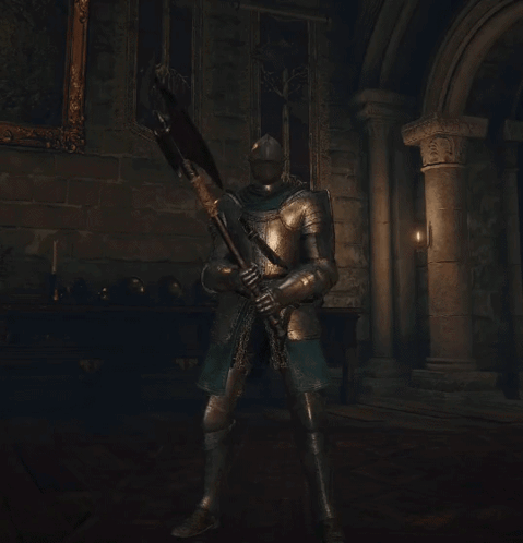 a knight in armor is holding a large sword in a dark room