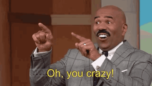 Steve Harvey points and says “Oh, you crazy!”