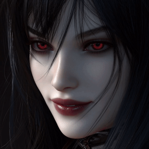 A pale vampire woman with red eyes gives a sinister smile.