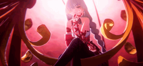 a girl in a red dress is sitting on a throne with a sword in her hand .