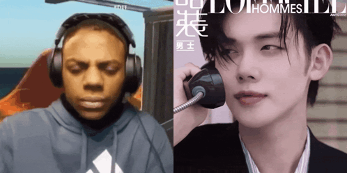 a man wearing headphones next to a man on a phone