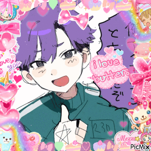 a drawing of a boy with purple hair and the words i love butters on a pink background