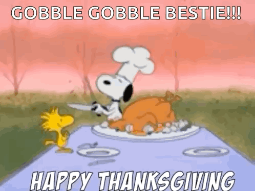 snoopy is cutting a turkey with a knife while woodstock watches .