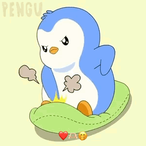 A blue cartoon penguin clenches its fists in frustration.