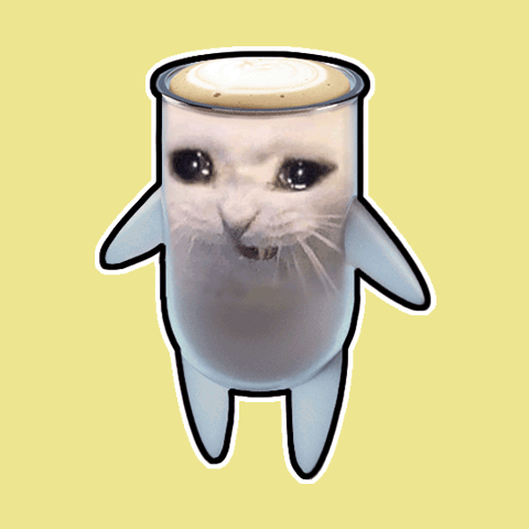 a drawing of a cat with a cup of coffee on top of it