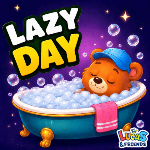 A cheerful lion cub relaxes in a bubble bath below “LAZY DAY.”
