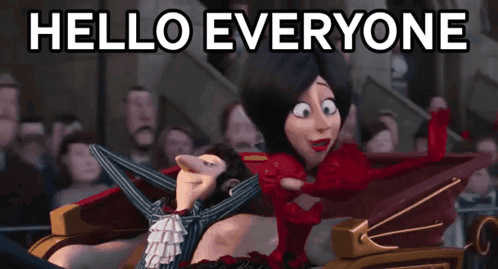 a couple of cartoon characters in a carriage with the words hello everyone
