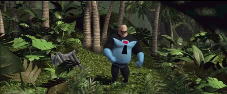a cartoon character with an i on his chest stands in a jungle