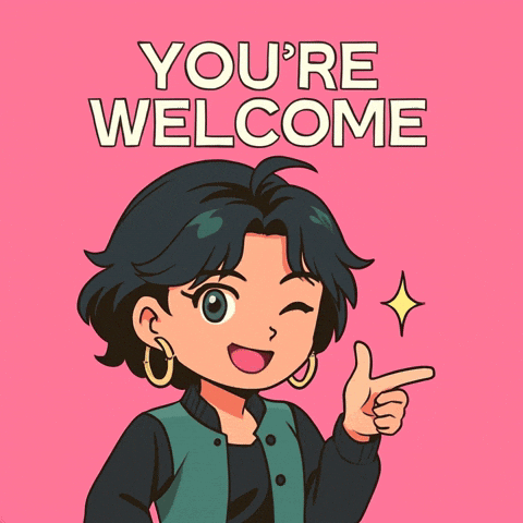 An anime-style character with dark green hair winks and points on a pink background.