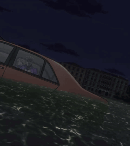 a man in a helmet is looking out the window of a car in a cartoon scene