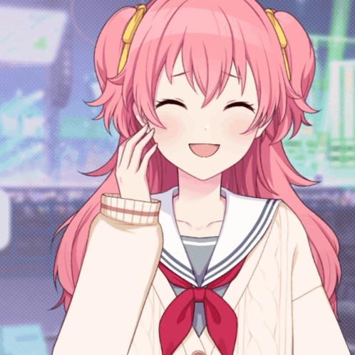 a girl with pink hair is wearing a sailor uniform and smiling