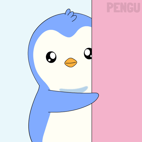 A blue cartoon penguin peeks out from behind a pink panel.