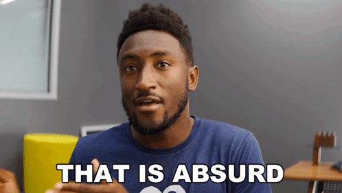 a man in a blue shirt says that is absurd in white letters
