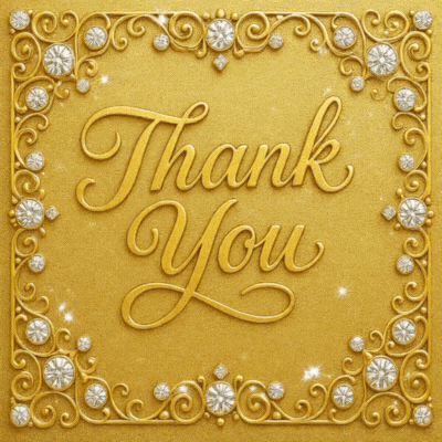 Embossed gold “Thank You” lettering sits inside a jeweled gold frame.