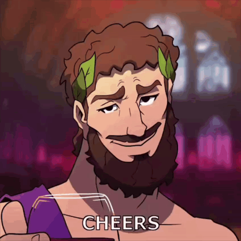 a cartoon of a man with a beard holding a glass of wine with the words cheers written below him