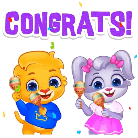 a boy and a girl are holding maracas and the words `` congrats '' are above them .