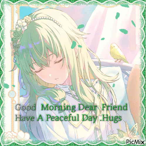 a picture of a girl with green hair and the words " good morning dear friend have a peaceful day "