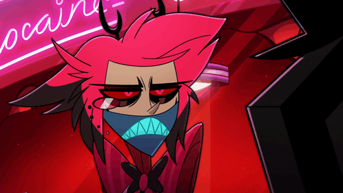 Alastor from Hazbin Hotel glares with an irritated frown.