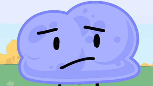 a cartoon drawing of a blue cloud with a black face