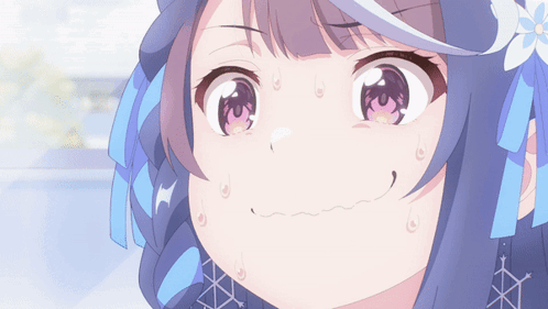 An anime girl with purple hair gives a tiny worried, blushing smile.