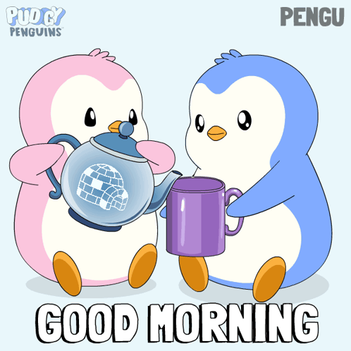 Two blue and pink penguins share hot drinks above “GOOD MORNING.”
