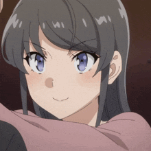 a close up of a girl 's face with gray hair and blue eyes