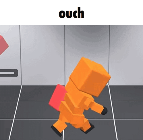 An orange low-poly character falls forward on a tiled floor beneath “ouch” text.