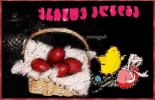 a picture of easter eggs in a basket and a yellow chicken