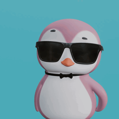 A cool blue-and-white cartoon penguin wears black sunglasses and a bow tie.