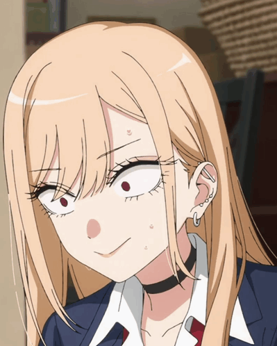 Marin Kitagawa blushes and looks nervously to the side.