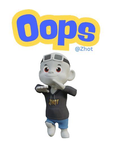 A gray cartoon character throws up its arms beneath a bold yellow-and-blue “Oops.”