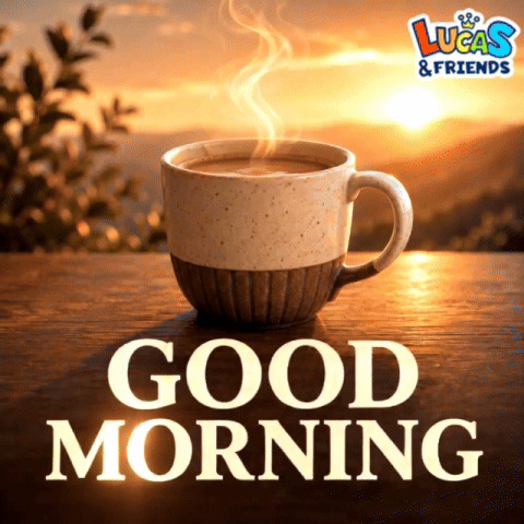 a cup of coffee sits on a table with the words good morning