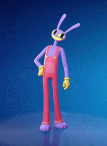 a purple bunny in pink overalls and yellow gloves is dancing .
