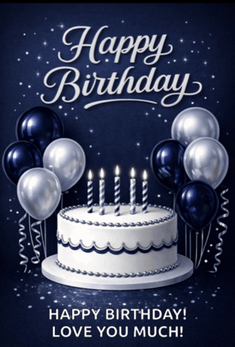 a birthday card with a cake and balloons and the words happy birthday love you much
